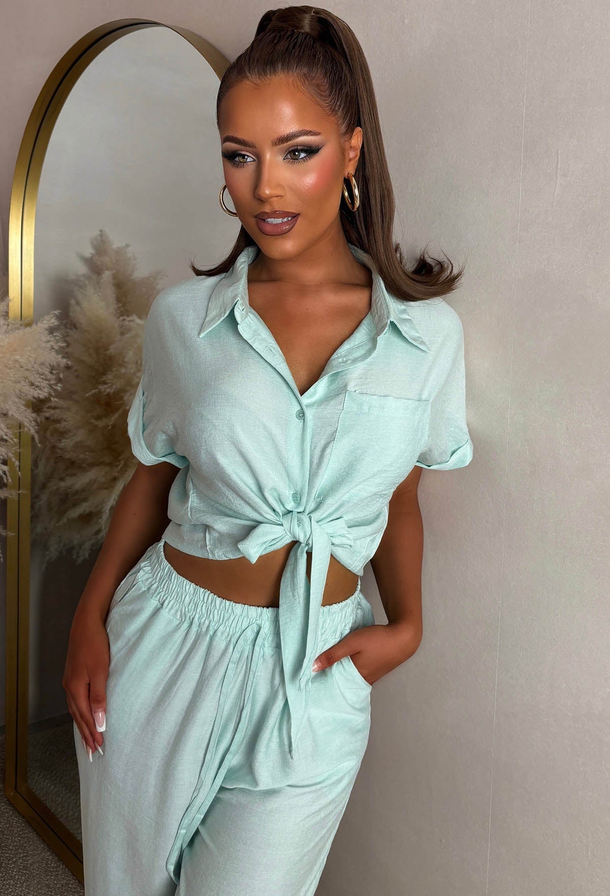 Weekend Casual Green Tie Shirt And Trouser Co-Ord Set